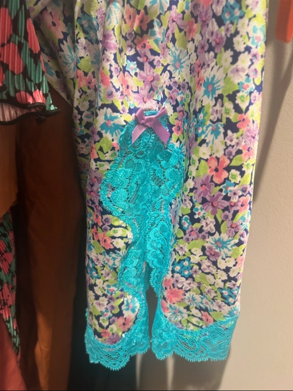 Victoria's Secret Teal-Trim Pastel Floral Satin Chemise - Picture 7 of 11